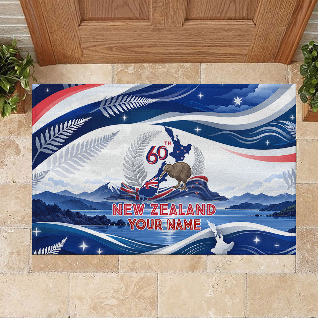 Personalized New Zealand 60th Birthday Rubber Doormat Silver Fern Kiwi Bird Coat Of Arms Flag Graphic Art