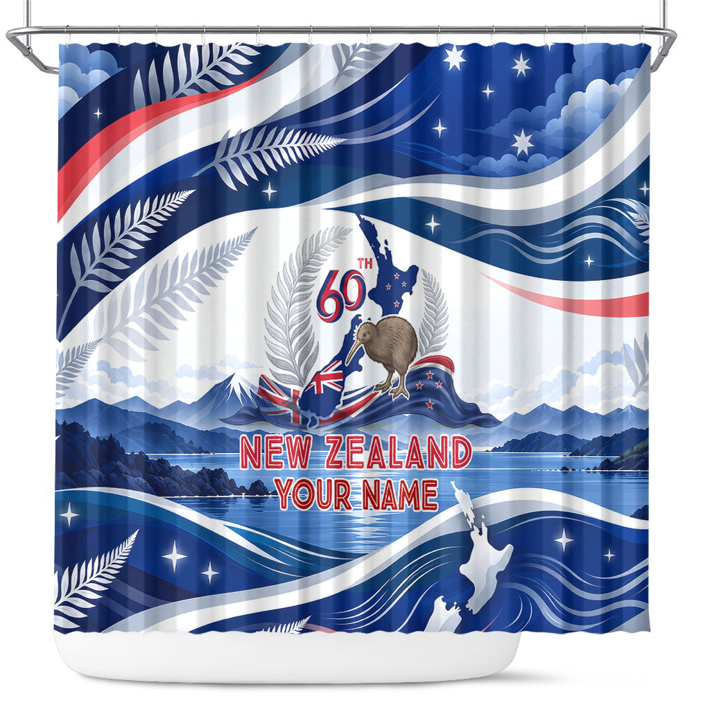 Personalized New Zealand 60th Birthday Shower Curtain Silver Fern Kiwi Bird Coat Of Arms Flag Graphic Art TS04 Blue White - Polynesian Pride
