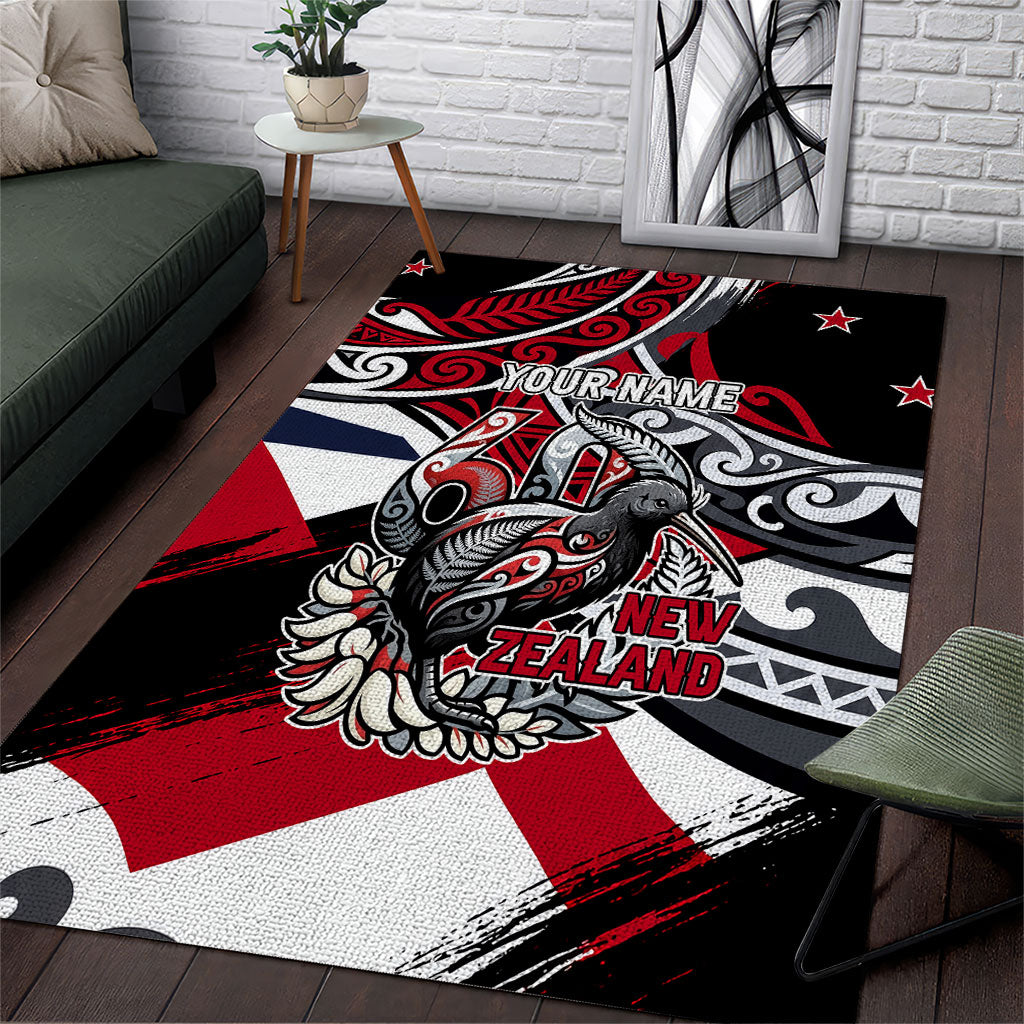 Personalized New Zealand 60th Birthday Area Rug Maori Tribal Patterns Kiwi Bird Silver Fern Flag Graphic Art TS04 Red Black - Polynesian Pride