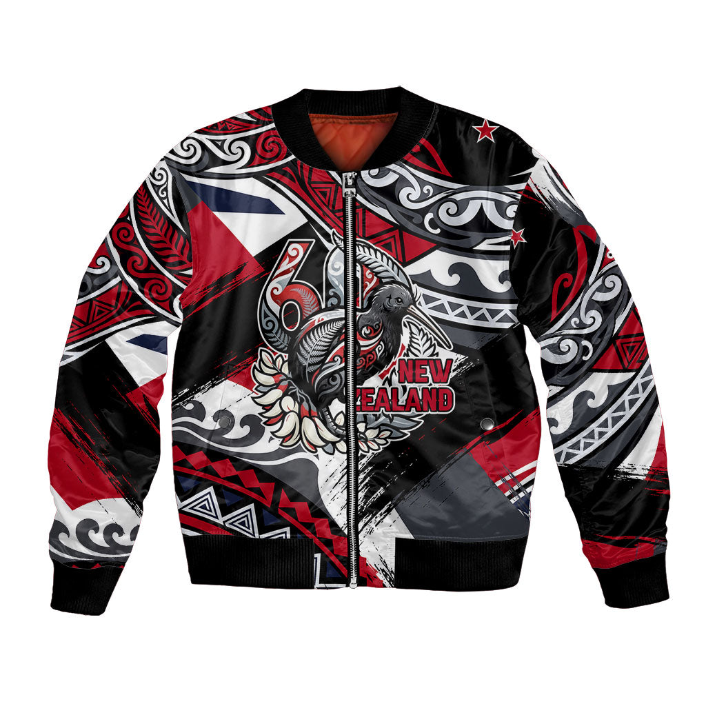 Personalized New Zealand 60th Birthday Bomber Jacket Maori Tribal Patterns Kiwi Bird Silver Fern Flag Graphic Art TS04 Unisex Red Black - Polynesian Pride