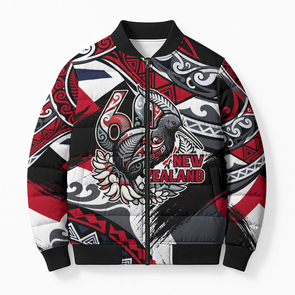 Personalized New Zealand 60th Birthday Bomber Puffer Jacket Maori Tribal Patterns Kiwi Bird Silver Fern Flag Graphic Art TS04 Unisex Red Black - Polynesian Pride