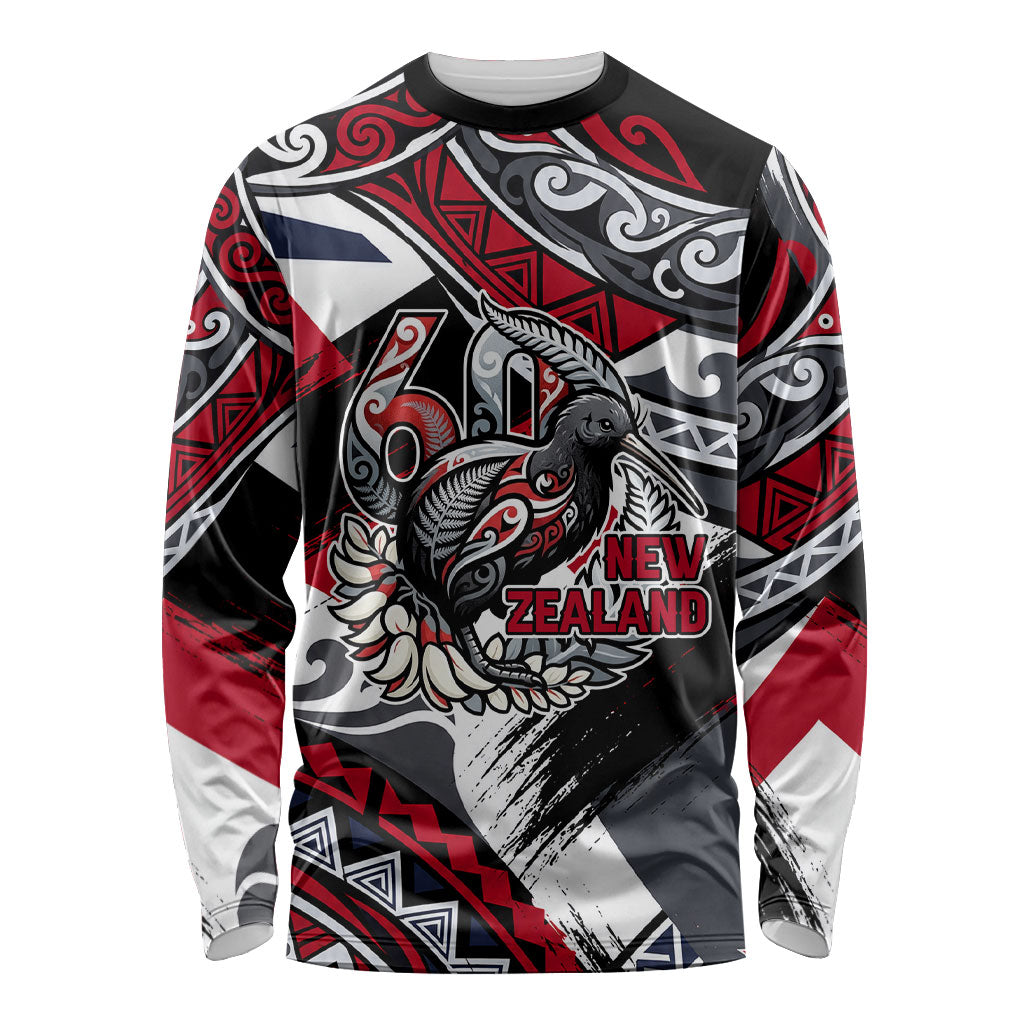 Personalized New Zealand 60th Birthday Long Sleeve Shirt Maori Tribal Patterns Kiwi Bird Silver Fern Flag Graphic Art TS04 Unisex Red Black - Polynesian Pride
