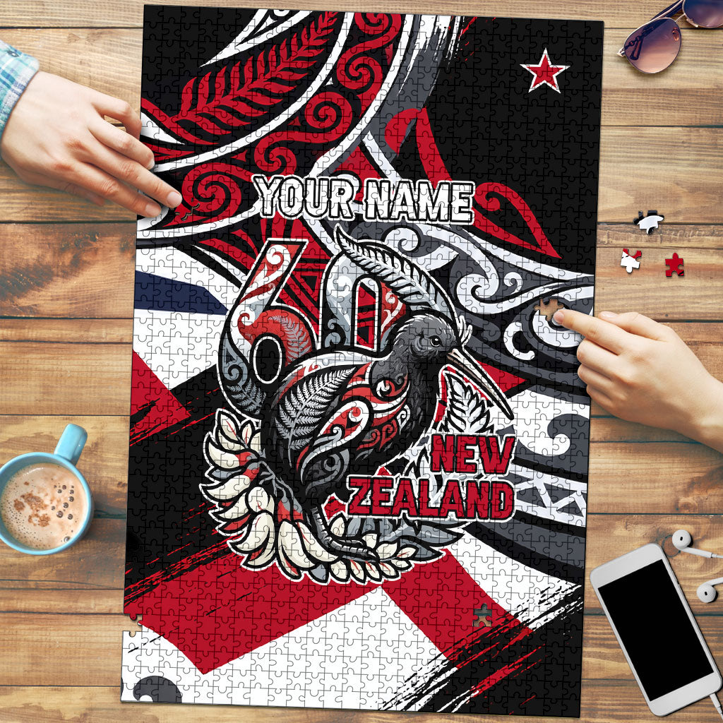 Personalized New Zealand 60th Birthday Puzzle Maori Tribal Patterns Kiwi Bird Silver Fern Flag Graphic Art TS04 Red Black - Polynesian Pride