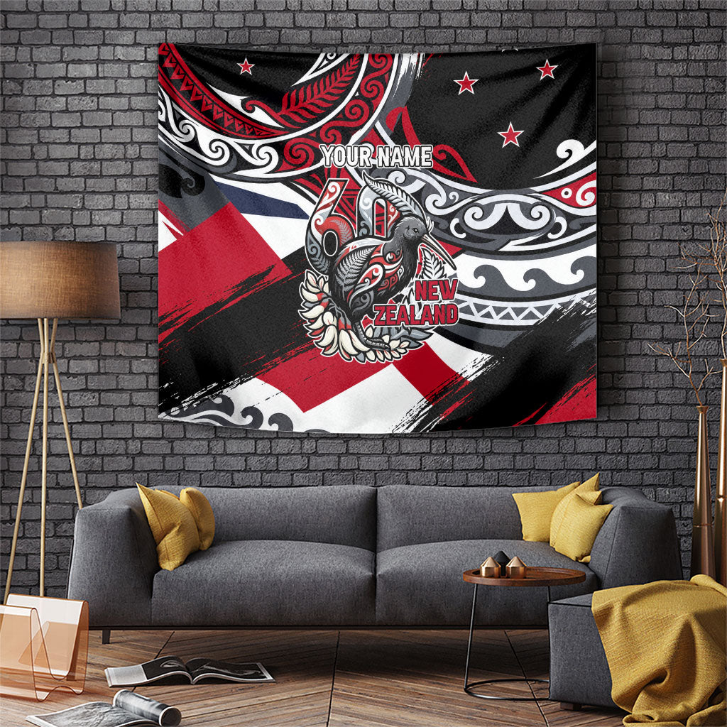 Personalized New Zealand 60th Birthday Tapestry Maori Tribal Patterns Kiwi Bird Silver Fern Flag Graphic Art TS04 Red Black - Polynesian Pride