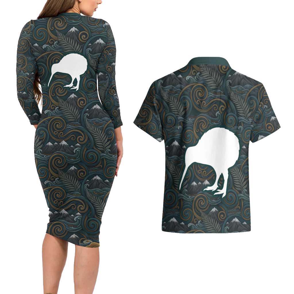 New Zealand is Calling and I Must Go Couples Matching Long Sleeve Bodycon Dress and Hawaiian Shirt Kiwi Bird Silhouette TS04 - Polynesian Pride