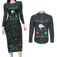 New Zealand is Calling and I Must Go Couples Matching Long Sleeve Bodycon Dress and Long Sleeve Button Shirt Kiwi Bird Silhouette TS04 Multicolor - Polynesian Pride