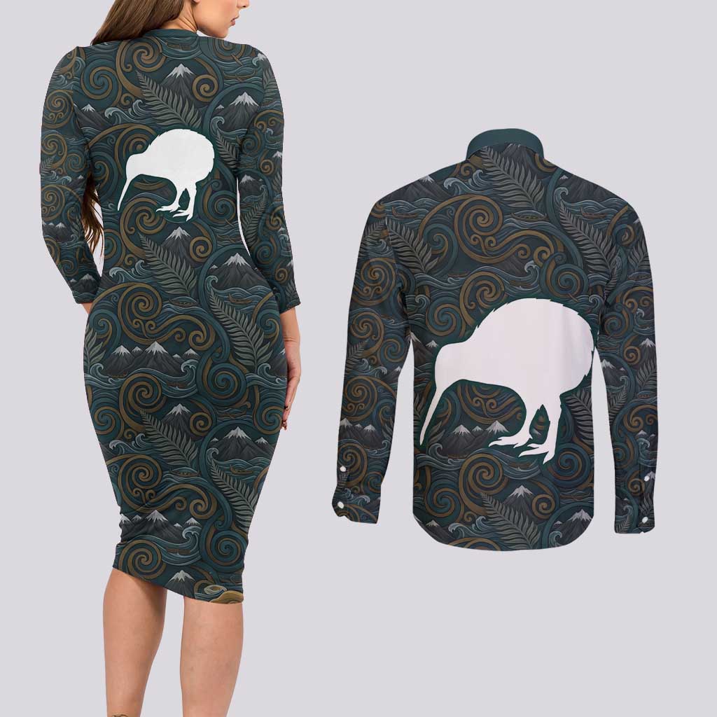 New Zealand is Calling and I Must Go Couples Matching Long Sleeve Bodycon Dress and Long Sleeve Button Shirt Kiwi Bird Silhouette TS04 - Polynesian Pride