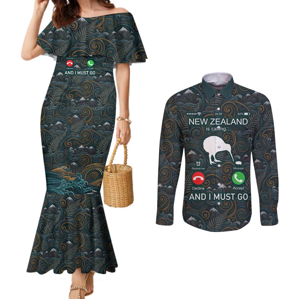 New Zealand is Calling and I Must Go Couples Matching Mermaid Dress and Long Sleeve Button Shirt Kiwi Bird Silhouette TS04 Multicolor - Polynesian Pride