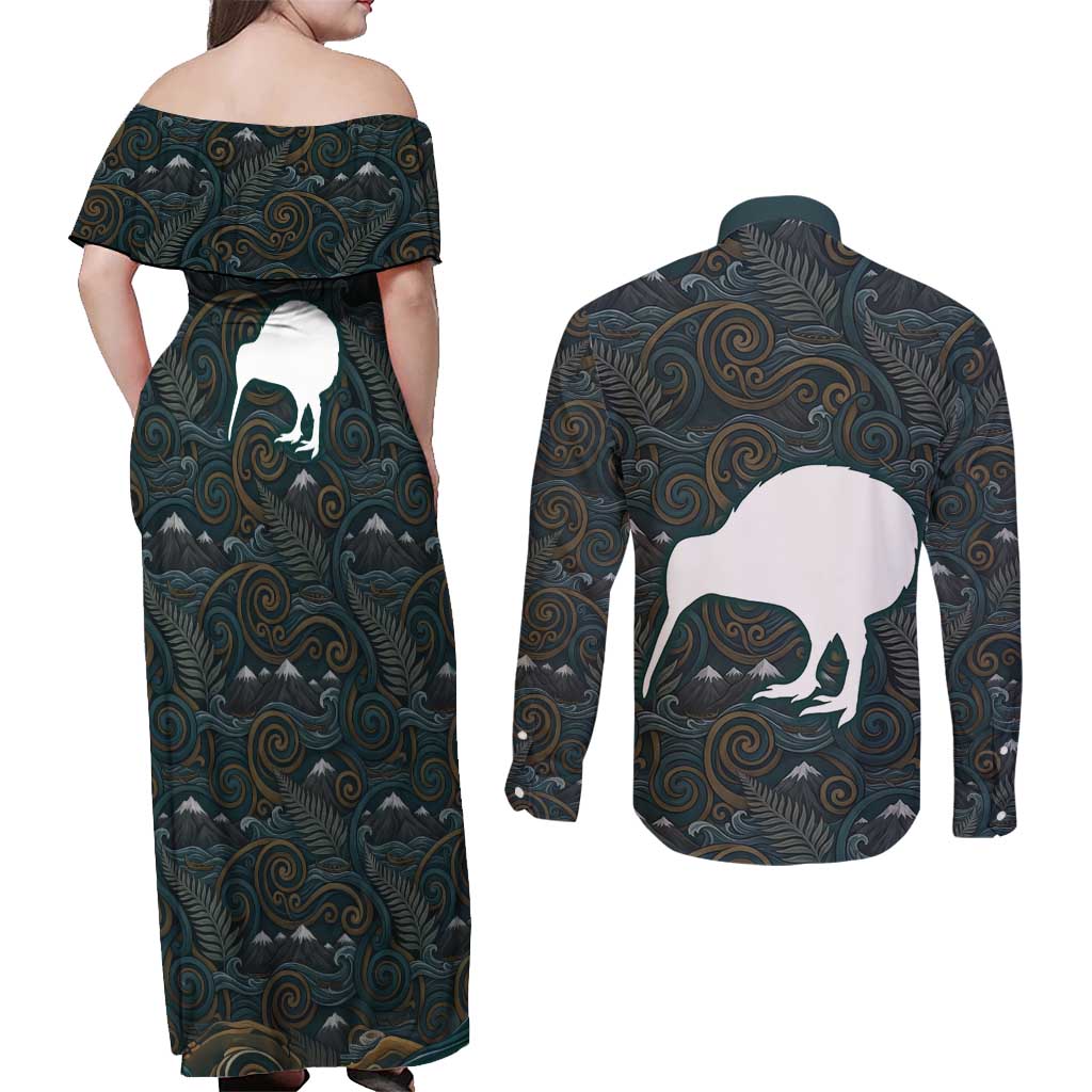 New Zealand is Calling and I Must Go Couples Matching Off Shoulder Maxi Dress and Long Sleeve Button Shirt Kiwi Bird Silhouette TS04 - Polynesian Pride