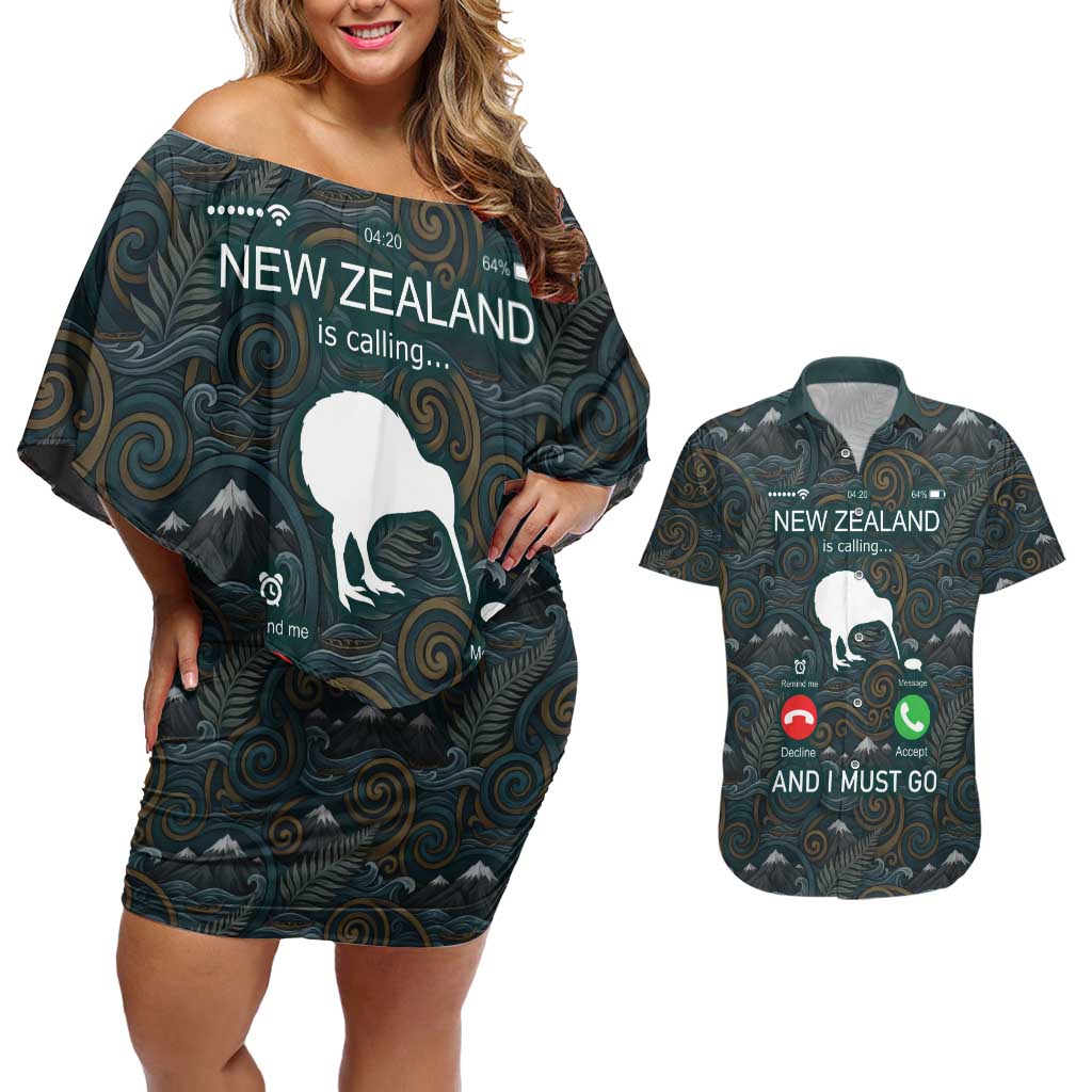 New Zealand is Calling and I Must Go Couples Matching Off Shoulder Short Dress and Hawaiian Shirt Kiwi Bird Silhouette TS04 Multicolor - Polynesian Pride