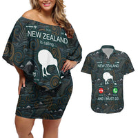 New Zealand is Calling and I Must Go Couples Matching Off Shoulder Short Dress and Hawaiian Shirt Kiwi Bird Silhouette TS04 Multicolor - Polynesian Pride