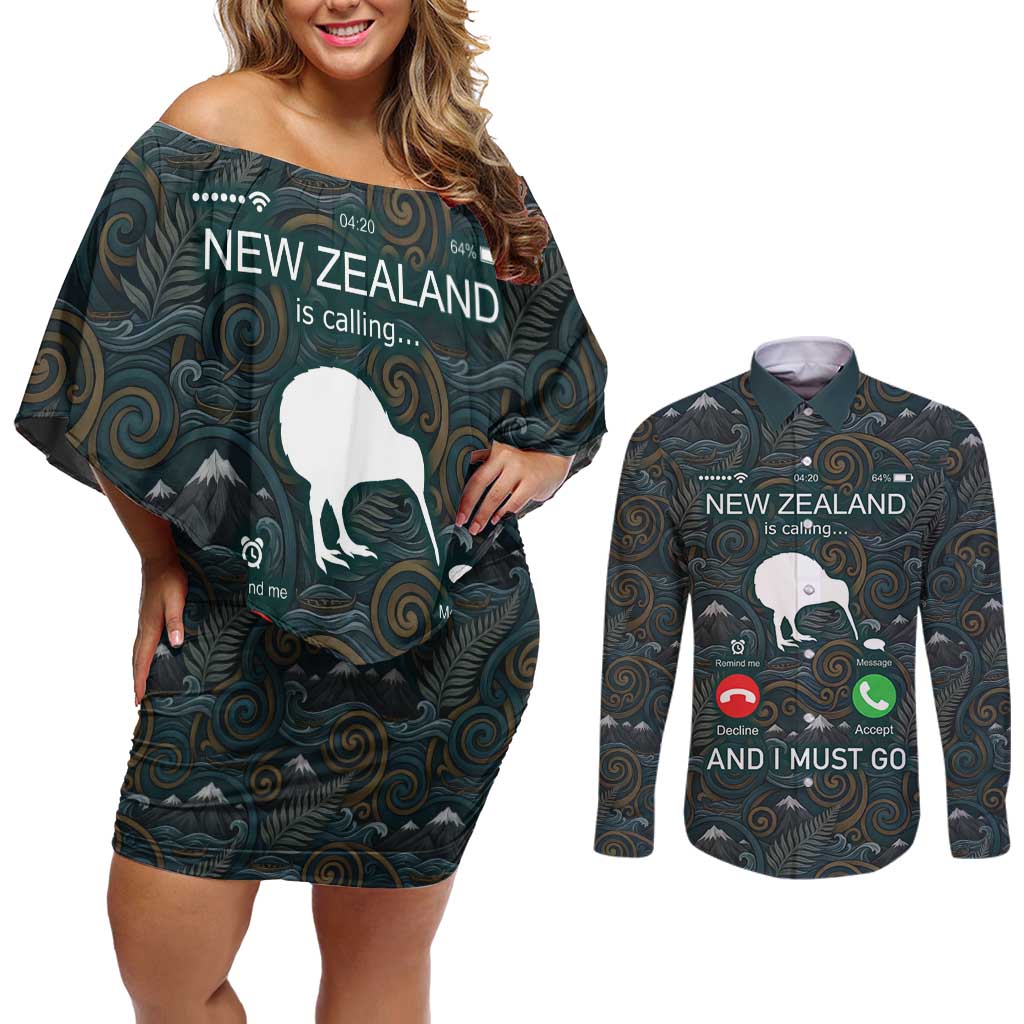 New Zealand is Calling and I Must Go Couples Matching Off Shoulder Short Dress and Long Sleeve Button Shirt Kiwi Bird Silhouette TS04 Multicolor - Polynesian Pride