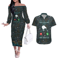 New Zealand is Calling and I Must Go Couples Matching Off The Shoulder Long Sleeve Dress and Hawaiian Shirt Kiwi Bird Silhouette TS04 Multicolor - Polynesian Pride