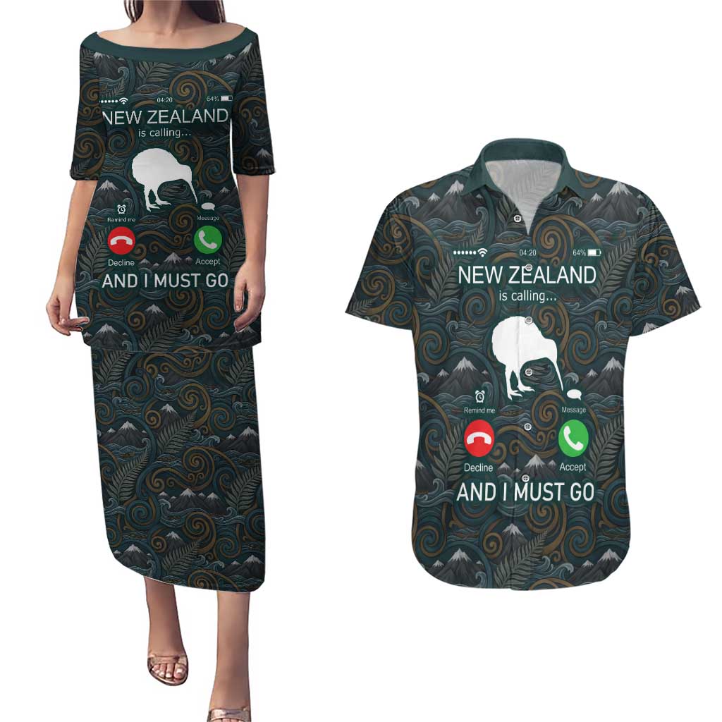 New Zealand is Calling and I Must Go Couples Matching Puletasi and Hawaiian Shirt Kiwi Bird Silhouette