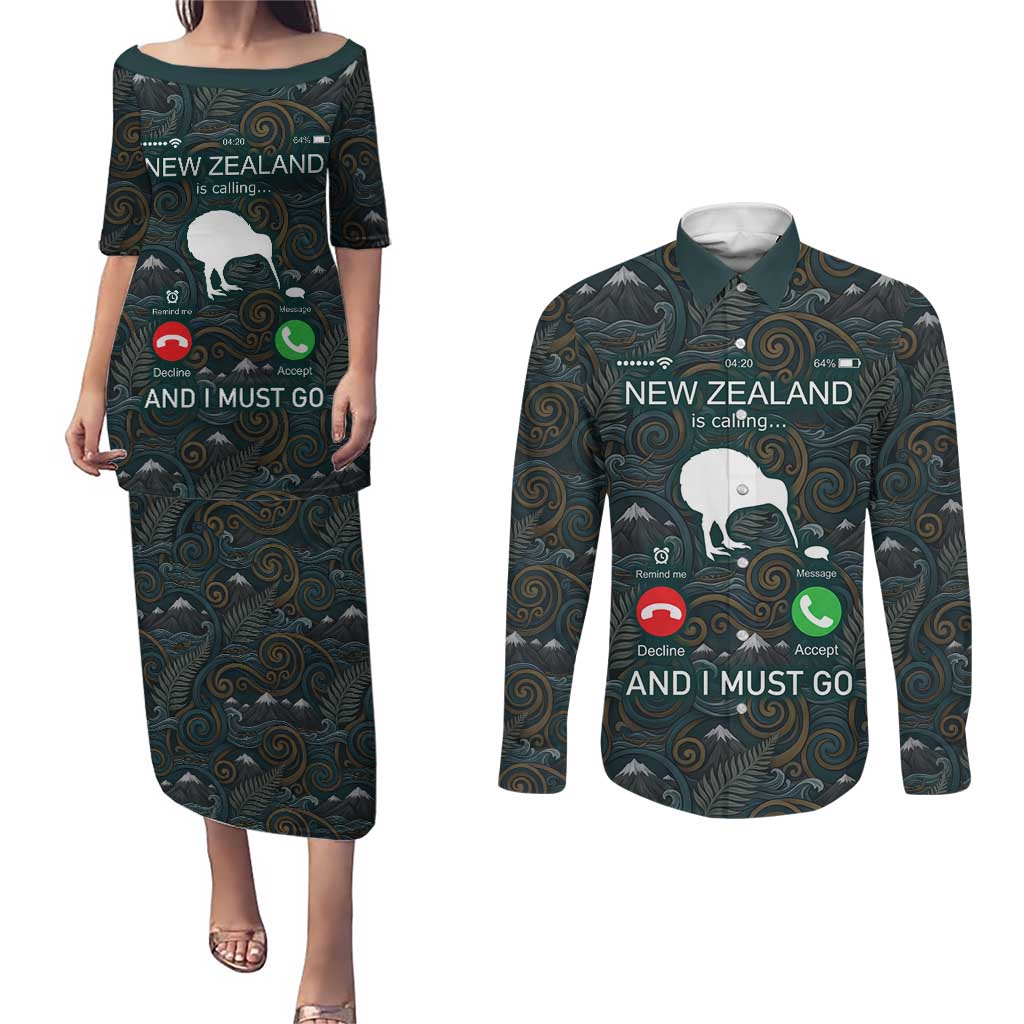 New Zealand is Calling and I Must Go Couples Matching Puletasi and Long Sleeve Button Shirt Kiwi Bird Silhouette TS04 Multicolor - Polynesian Pride