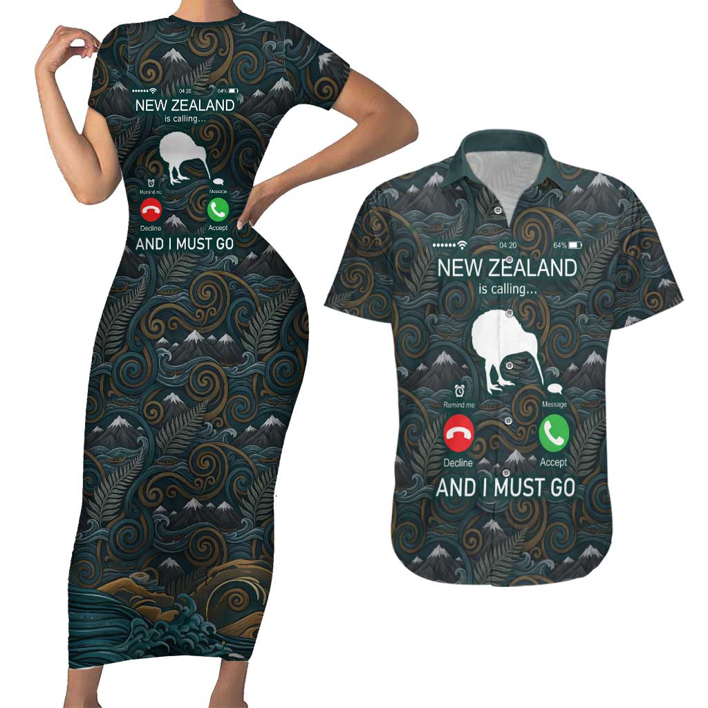 New Zealand is Calling and I Must Go Couples Matching Short Sleeve Bodycon Dress and Hawaiian Shirt Kiwi Bird Silhouette TS04 Multicolor - Polynesian Pride