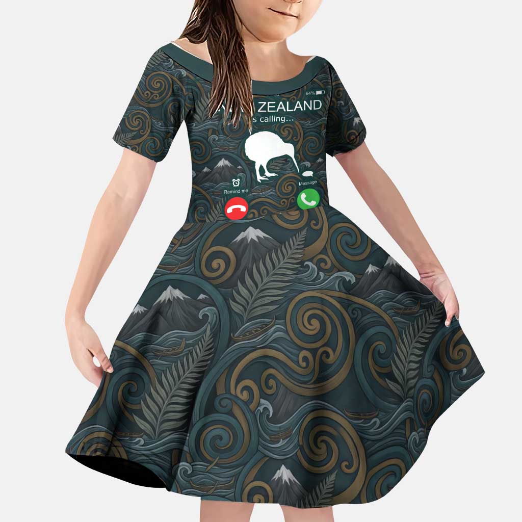 New Zealand is Calling and I Must Go Family Matching Off The Shoulder Long Sleeve Dress and Hawaiian Shirt Kiwi Bird Silhouette TS04 Daughter's Dress Multicolor - Polynesian Pride