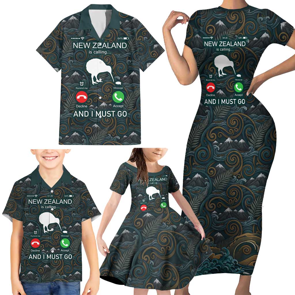 New Zealand is Calling and I Must Go Family Matching Short Sleeve Bodycon Dress and Hawaiian Shirt Kiwi Bird Silhouette TS04 - Polynesian Pride