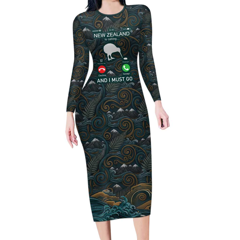 New Zealand is Calling and I Must Go Long Sleeve Bodycon Dress Kiwi Bird Silhouette TS04 Long Dress Multicolor - Polynesian Pride