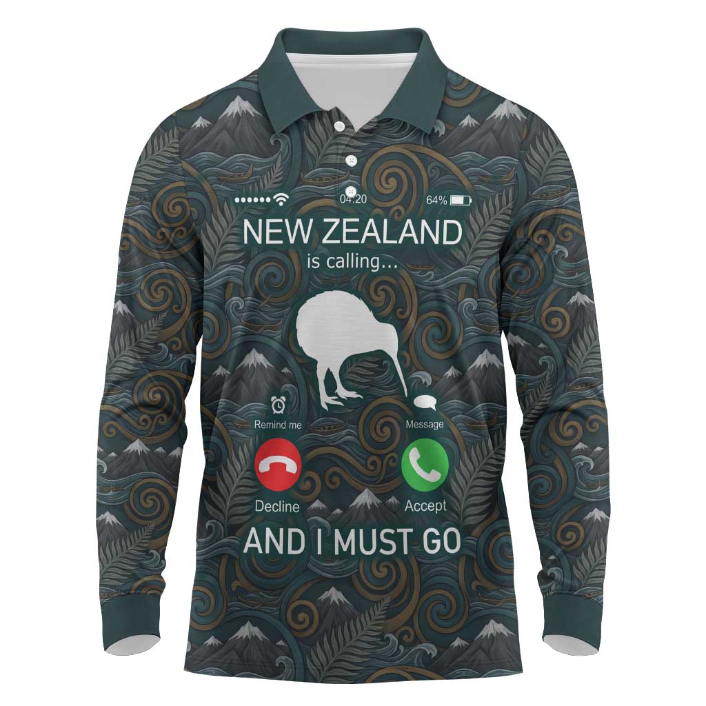 New Zealand is Calling and I Must Go Long Sleeve Polo Shirt Kiwi Bird Silhouette TS04 Multicolor - Polynesian Pride
