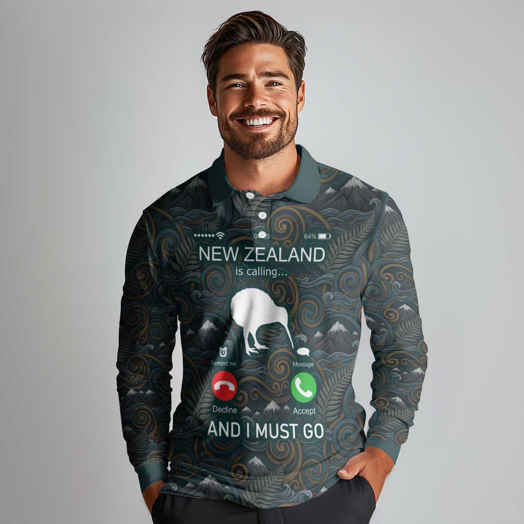 New Zealand is Calling and I Must Go Long Sleeve Polo Shirt Kiwi Bird Silhouette TS04 - Polynesian Pride