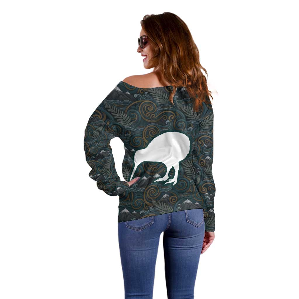 New Zealand is Calling and I Must Go Off Shoulder Sweater Kiwi Bird Silhouette