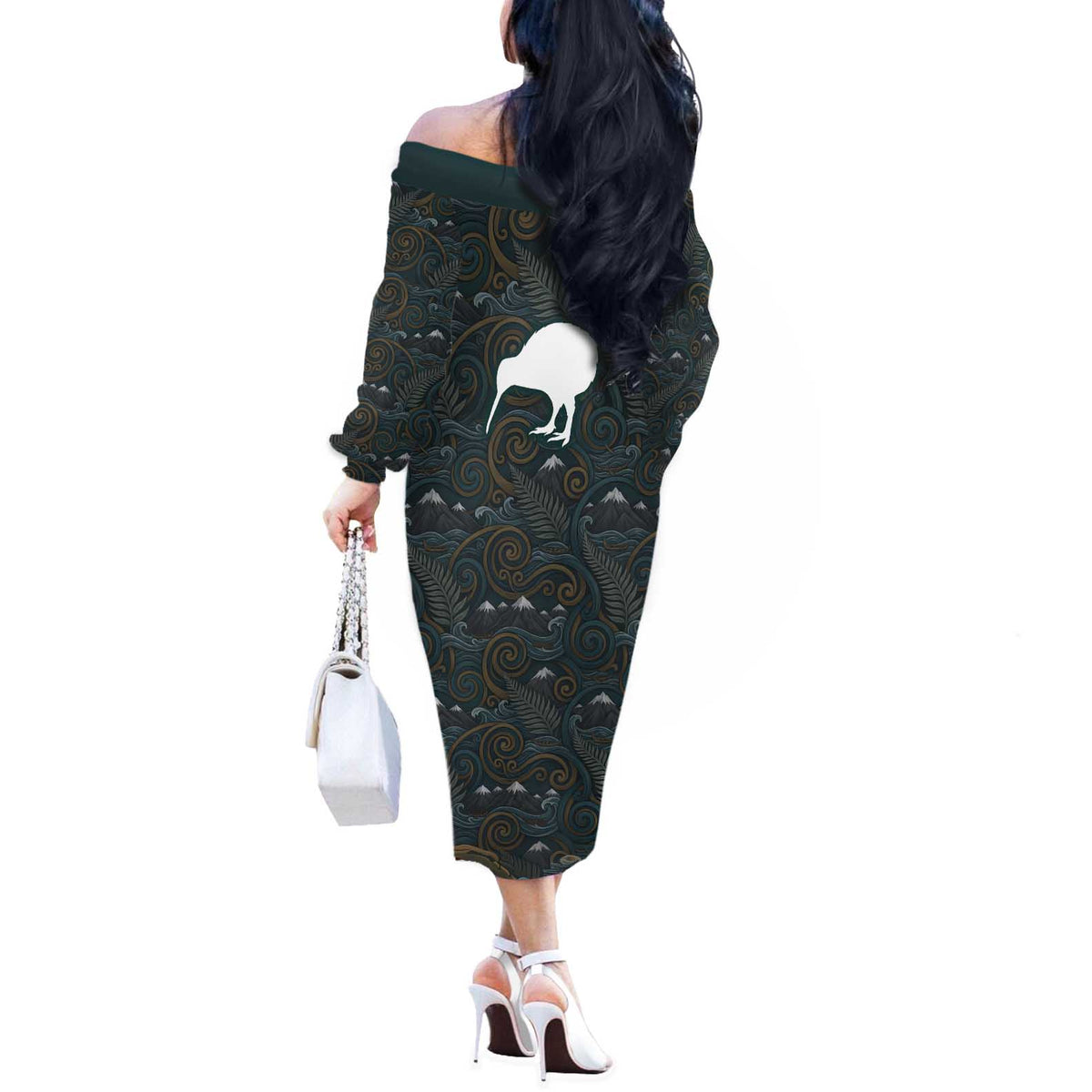 New Zealand is Calling and I Must Go Off The Shoulder Long Sleeve Dress Kiwi Bird Silhouette TS04 - Polynesian Pride