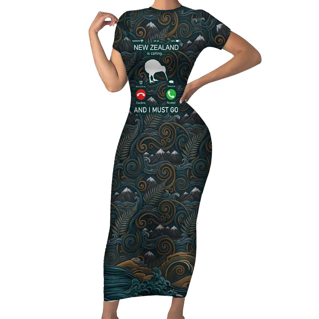 New Zealand is Calling and I Must Go Short Sleeve Bodycon Dress Kiwi Bird Silhouette TS04 Long Dress Multicolor - Polynesian Pride