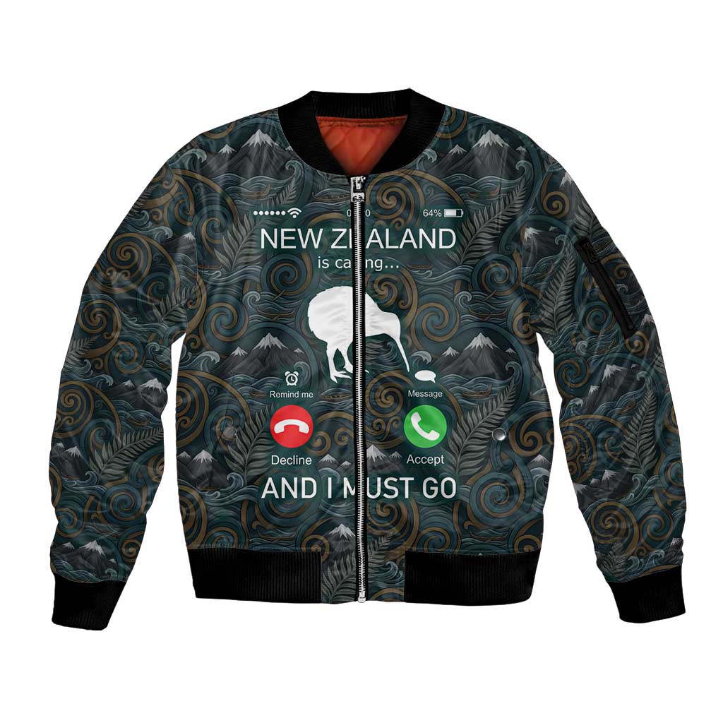 New Zealand is Calling and I Must Go Sleeve Zip Bomber Jacket Kiwi Bird Silhouette TS04 Unisex Multicolor - Polynesian Pride