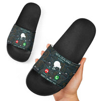 New Zealand is Calling and I Must Go Slide Sandals Kiwi Bird Silhouette