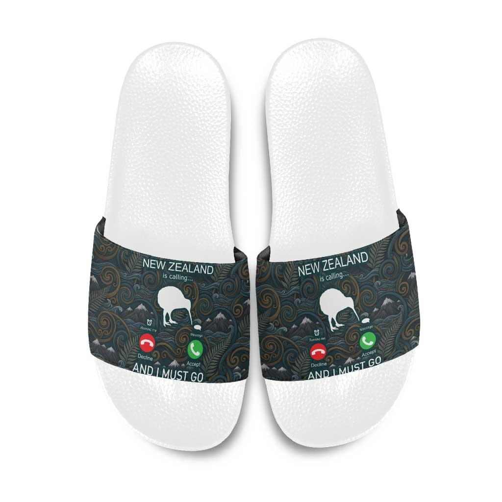 New Zealand is Calling and I Must Go Slide Sandals Kiwi Bird Silhouette