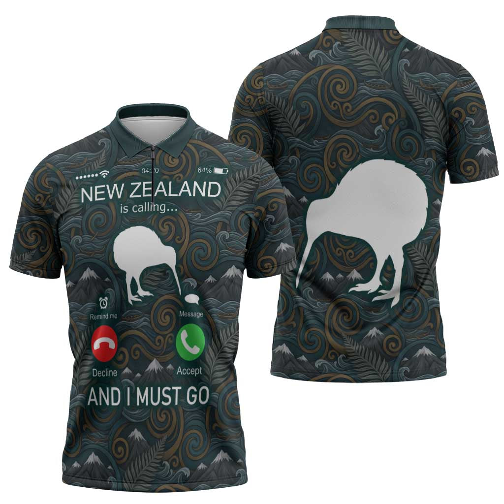 New Zealand is Calling and I Must Go Zipper Polo Shirt Kiwi Bird Silhouette TS04 - Polynesian Pride