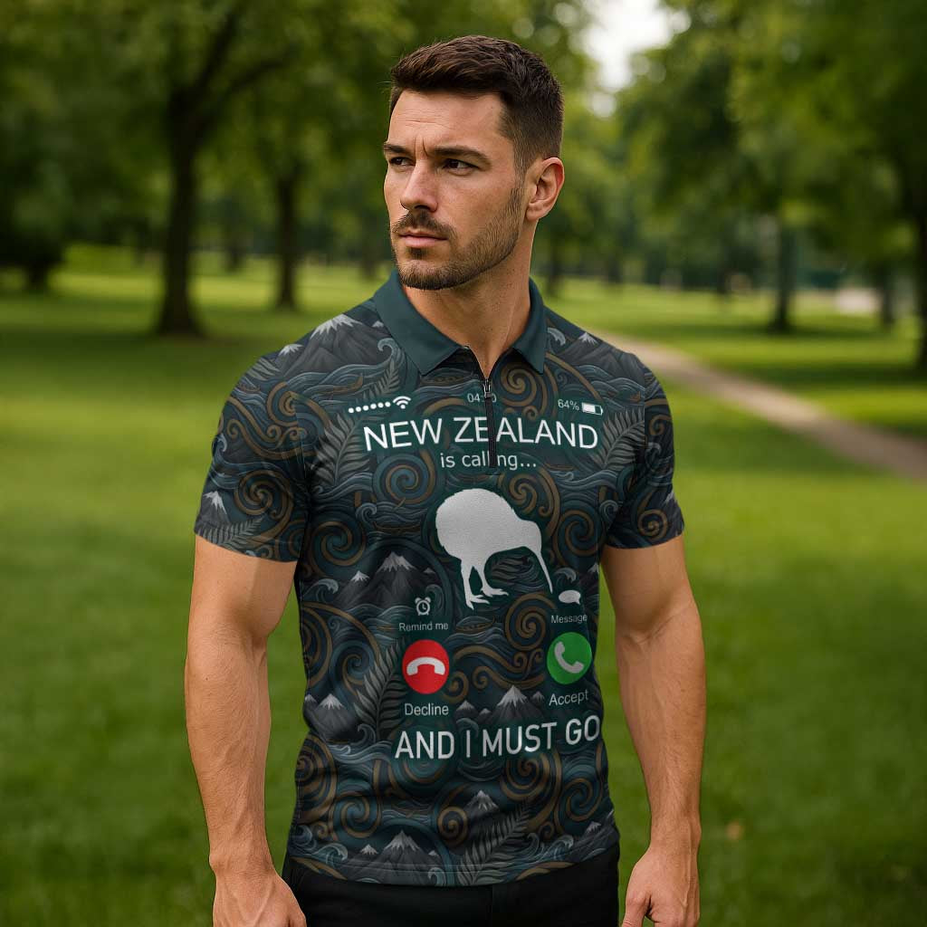 New Zealand is Calling and I Must Go Zipper Polo Shirt Kiwi Bird Silhouette TS04 - Polynesian Pride