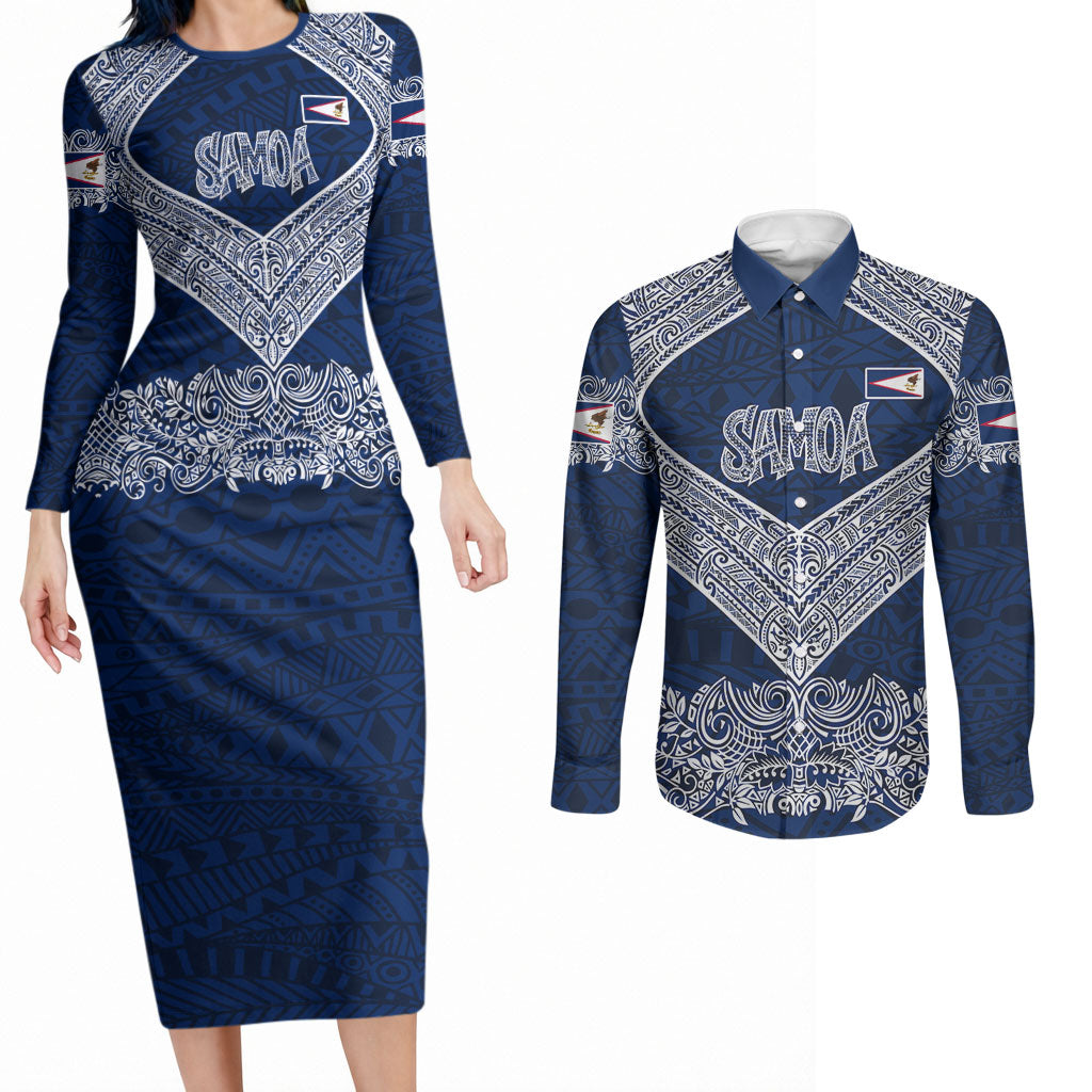 American Samoa Eagle Couples Matching Long Sleeve Bodycon Dress and Long Sleeve Button Shirt Sea Turtle Traditional Polynesian Tribal Tattoo TS04 Blue White - Polynesian Pride