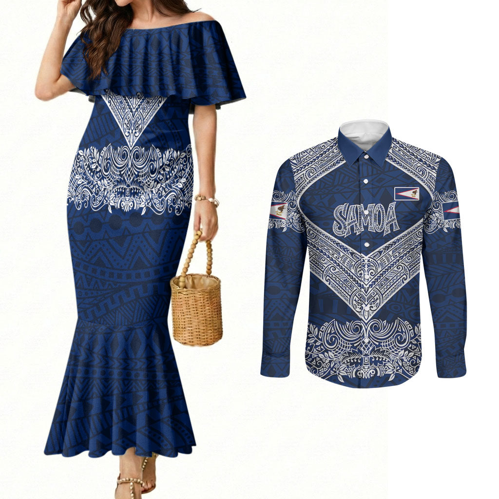 American Samoa Eagle Couples Matching Mermaid Dress and Long Sleeve Button Shirt Sea Turtle Traditional Polynesian Tribal Tattoo TS04 Blue White - Polynesian Pride