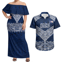 American Samoa Eagle Couples Matching Off Shoulder Maxi Dress and Hawaiian Shirt Sea Turtle Traditional Polynesian Tribal Tattoo TS04 Blue White - Polynesian Pride