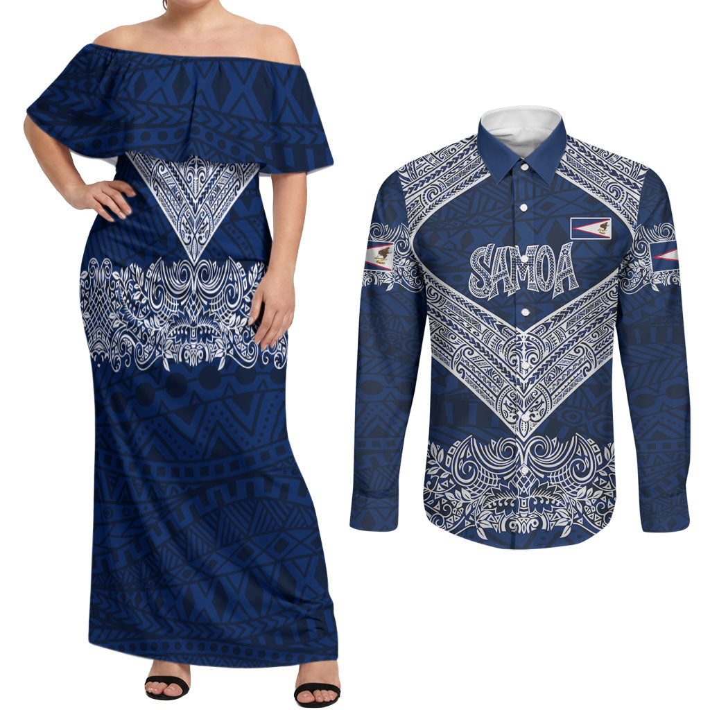 American Samoa Eagle Couples Matching Off Shoulder Maxi Dress and Long Sleeve Button Shirt Sea Turtle Traditional Polynesian Tribal Tattoo TS04 Blue White - Polynesian Pride