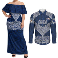 American Samoa Eagle Couples Matching Off Shoulder Maxi Dress and Long Sleeve Button Shirt Sea Turtle Traditional Polynesian Tribal Tattoo TS04 Blue White - Polynesian Pride