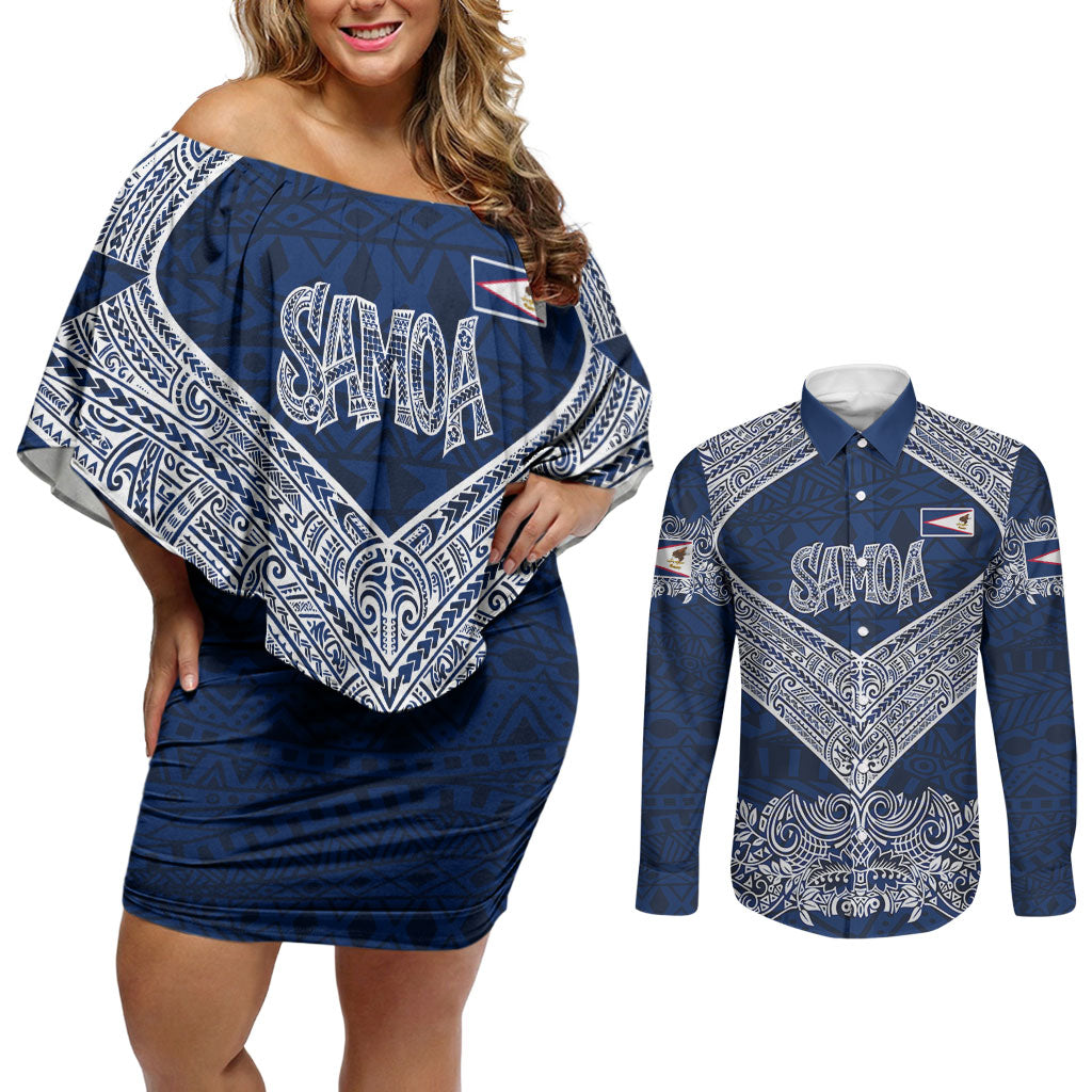American Samoa Eagle Couples Matching Off Shoulder Short Dress and Long Sleeve Button Shirt Sea Turtle Traditional Polynesian Tribal Tattoo TS04 Blue White - Polynesian Pride