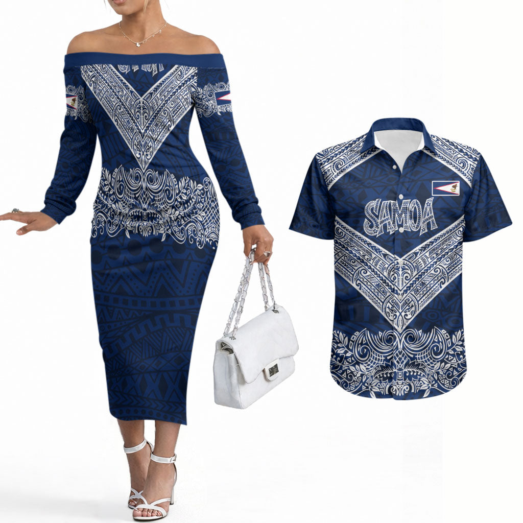 American Samoa Eagle Couples Matching Off The Shoulder Long Sleeve Dress and Hawaiian Shirt Sea Turtle Traditional Polynesian Tribal Tattoo TS04 Blue White - Polynesian Pride