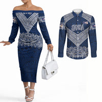 American Samoa Eagle Couples Matching Off The Shoulder Long Sleeve Dress and Long Sleeve Button Shirt Sea Turtle Traditional Polynesian Tribal Tattoo TS04 Blue White - Polynesian Pride
