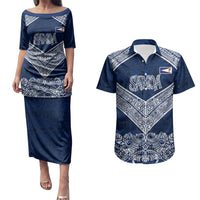 American Samoa Eagle Couples Matching Puletasi and Hawaiian Shirt Sea Turtle Traditional Polynesian Tribal Tattoo TS04 Blue White - Polynesian Pride