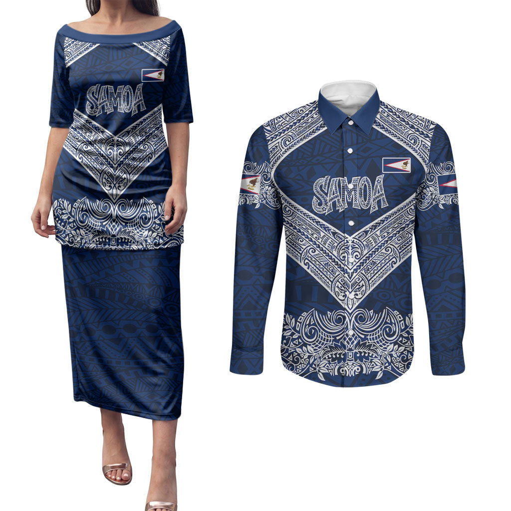 American Samoa Eagle Couples Matching Puletasi and Long Sleeve Button Shirt Sea Turtle Traditional Polynesian Tribal Tattoo TS04 Blue White - Polynesian Pride