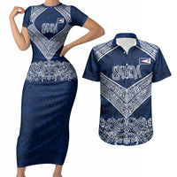 American Samoa Eagle Couples Matching Short Sleeve Bodycon Dress and Hawaiian Shirt Sea Turtle Traditional Polynesian Tribal Tattoo TS04 Blue White - Polynesian Pride