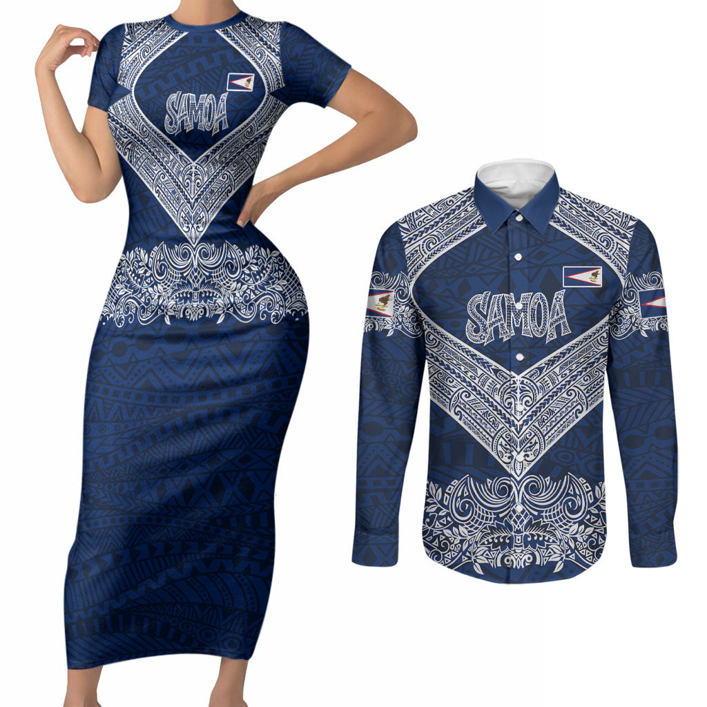 American Samoa Eagle Couples Matching Short Sleeve Bodycon Dress and Long Sleeve Button Shirt Sea Turtle Traditional Polynesian Tribal Tattoo TS04 Blue White - Polynesian Pride