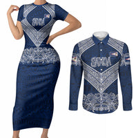 American Samoa Eagle Couples Matching Short Sleeve Bodycon Dress and Long Sleeve Button Shirt Sea Turtle Traditional Polynesian Tribal Tattoo TS04 Blue White - Polynesian Pride