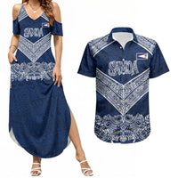 American Samoa Eagle Couples Matching Summer Maxi Dress and Hawaiian Shirt Sea Turtle Traditional Polynesian Tribal Tattoo TS04 Blue White - Polynesian Pride