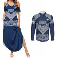 American Samoa Eagle Couples Matching Summer Maxi Dress and Long Sleeve Button Shirt Sea Turtle Traditional Polynesian Tribal Tattoo TS04 Blue White - Polynesian Pride