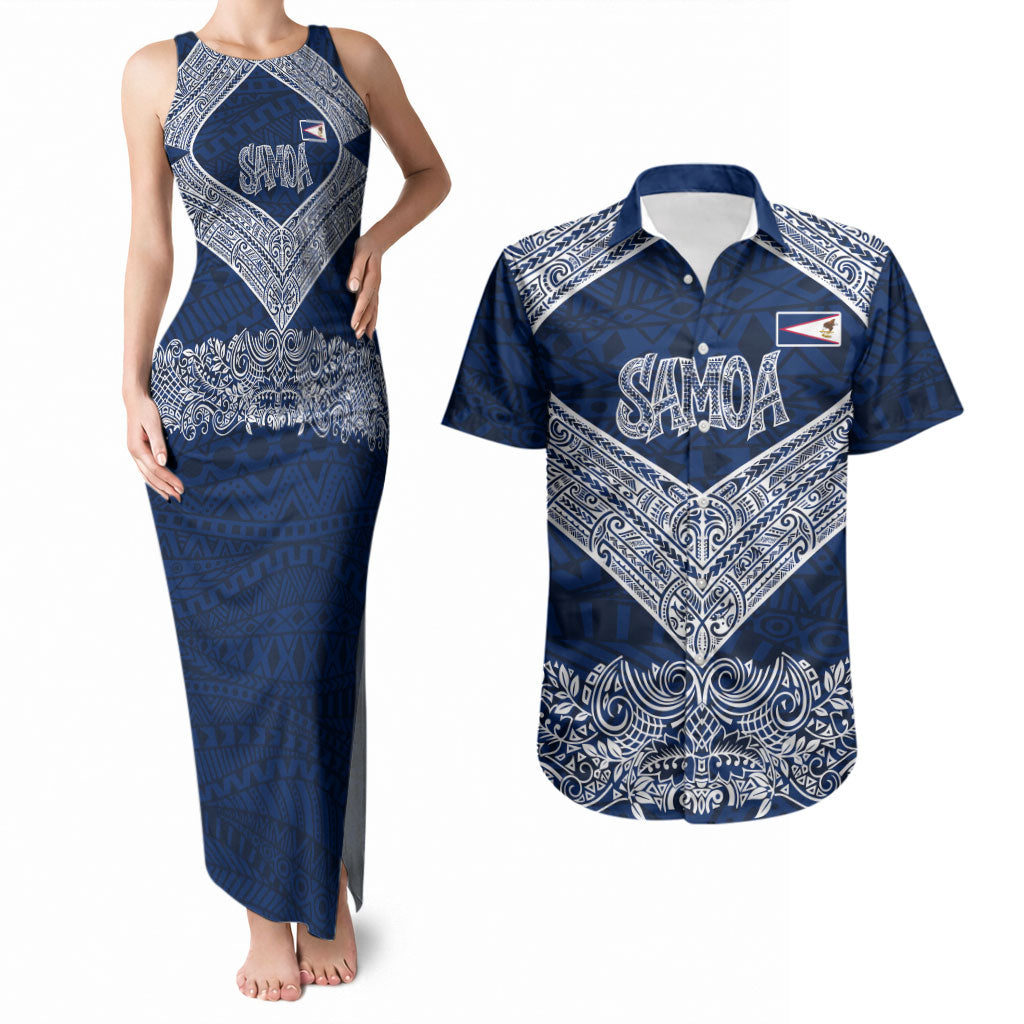 American Samoa Eagle Couples Matching Tank Maxi Dress and Hawaiian Shirt Sea Turtle Traditional Polynesian Tribal Tattoo TS04 Blue White - Polynesian Pride