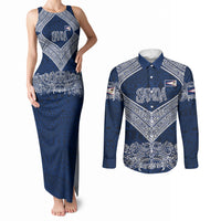 American Samoa Eagle Couples Matching Tank Maxi Dress and Long Sleeve Button Shirt Sea Turtle Traditional Polynesian Tribal Tattoo TS04 Blue White - Polynesian Pride